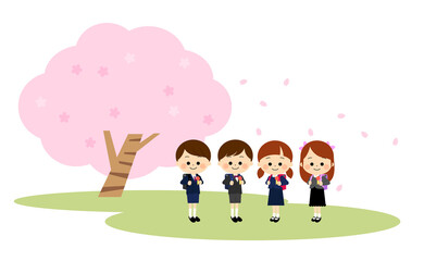 満開の桜と笑顔の新一年生の子供たち