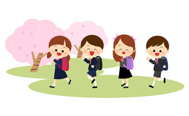 満開の桜と笑顔で走る新一年生の子供たち