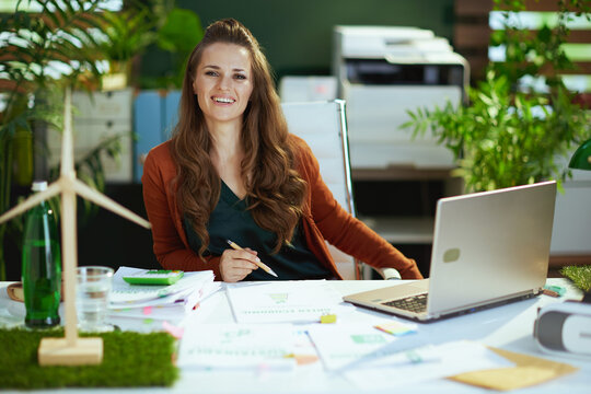 smiling stylish business owner woman in green office