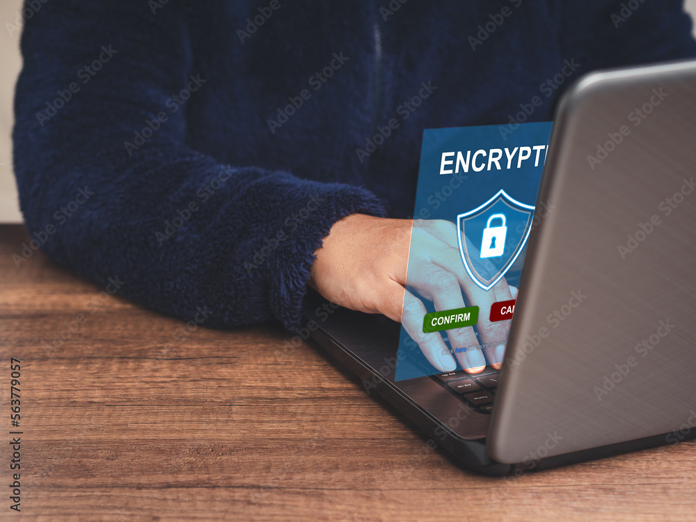 Poster a laptop screen is encrypted to protect data personal on the network system