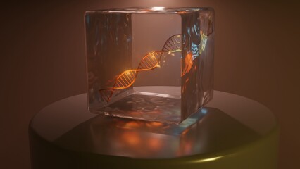 DNA preserved in ice. DNA molecule strand in transparent glass, ice container. DNA storage. Frozen DNA. 3d render illustration.