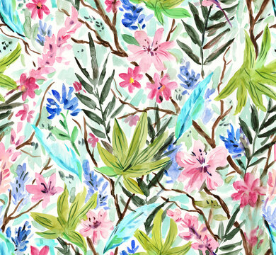 Watercolor seamless pattern with tropical flowers and leaves for wallpaper and fabric design.