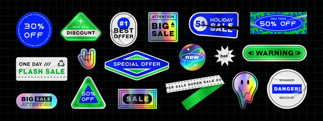 Holographic and colors sticker set. Shine metal badges of various shapes. Gradient sale and discount sticker Vector iridescent foil adhesive film, holography labels mockup and realistic holo textures.