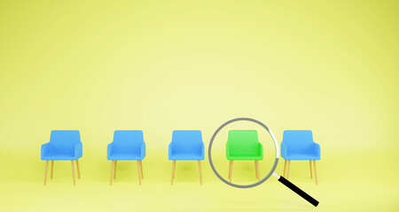 Human Resource Management,  Recruitment and Hiring concept. The green chair is in the group of blue chairs. Use a magnifying glass to locate employees, Job interviews, 3d render illustration.