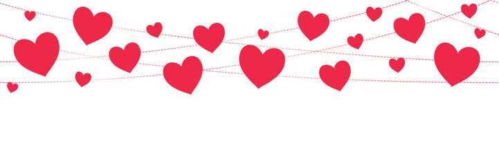 Red hearts seamless decoration. Valentine's day frame, border. Wedding string ornaments isolated on transparent background. Mother's day garland. For banners, party posters. Vector.