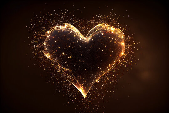 beautiful abstract effect sparkle overlay in heart shape, glow light in black background