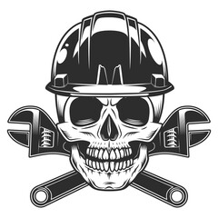Builder skull in hard hat with crossed plumbing wrench from business new construction and remodeling house vintage style illustration