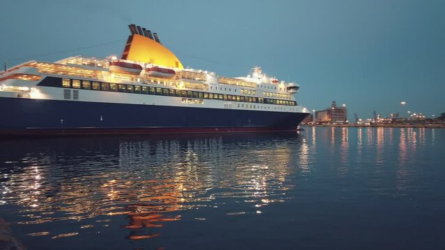 Ferry cruiser in port of Pireas, one of the largest in Europe, where boats and cruise ships travel to popular Aegean destinations, Attica, Greece