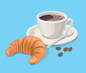 Breakfast, delicious start to the day. Cup with hot coffee and fresh croissant. Vector illustration.