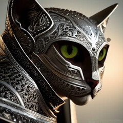Intricate shiny silver knight armor wearing cat warrior portrait.