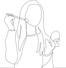 Single one line drawing beautiful young girl apply blush with cosmetic brush in her face. Cosmetology activity concept. Continuous line draw design graphic vector illustration.