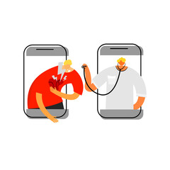 Cartoon of physician are assessing a chest pain patient on telemedicine concepts.