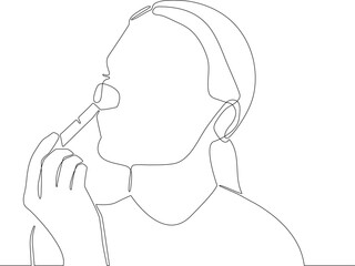 Single one line drawing beautiful young girl apply blush with cosmetic brush in her face. Cosmetology activity concept. Continuous line draw design graphic vector illustration.