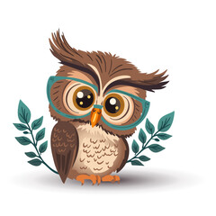 Cute cartoon owl vector funny animal. Vector illustration. Smart wise character in glasses, kids print bird card