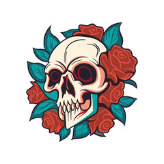 Vector skull and rose flower logo icon, Art Halloween floral detailed tattoo illustration, vintage retro design background. Skeleton head death gothic symbol decoration