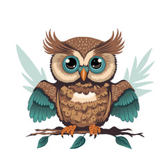 Cute cartoon owl vector funny animal. Vector illustration. Smart wise character in glasses, kids print bird card