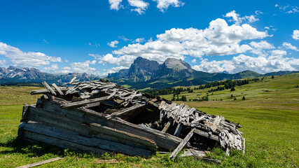 Fototapeta na wymiar Collapsed hut in the Alps, Alpe di Siusi, Castelrotto Sud Tyrol.summer 2021