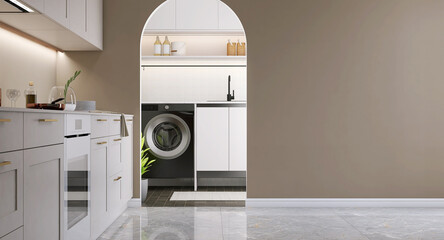 Blank beige brown wall with arch doorway to laundry room, modern design kitchen with counter,...