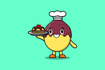 Cute Cartoon chef Sweet potato character serving cake on tray cute style design flat cartoon style
