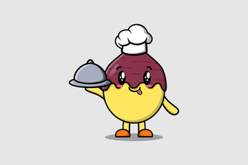 Cute Cartoon chef Sweet potato mascot character serving food on tray cute style design illustration