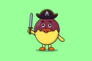 Cute cartoon mascot character Sweet potato pirate with hat and holding sword in modern design