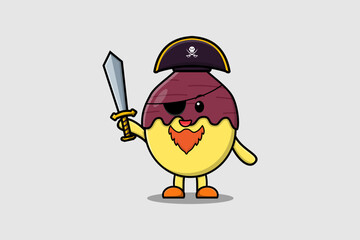 Naklejka premium Cute cartoon mascot character Sweet potato pirate with hat and holding sword in modern design