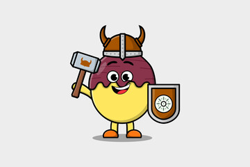 Cute cartoon character Sweet potato viking pirate with hat and holding hammer and shield