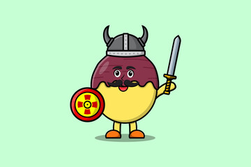 Cute cartoon character Sweet potato viking pirate with hat and holding sword and shield illustration