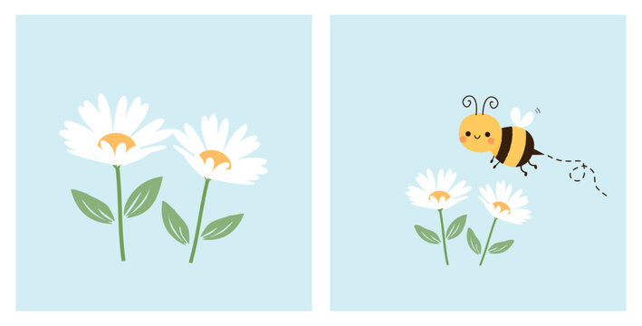 Daisy flower icon with bee cartoon on blue backgrounds vector illustration. Cute childish print.