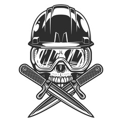 New construction builder skull in hard hat with crossed knife and safety glasses from business remodeling house vintage style illustration