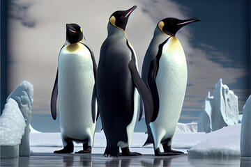 Emperor penguins on an Antarctic ice flow; generative AI. 
