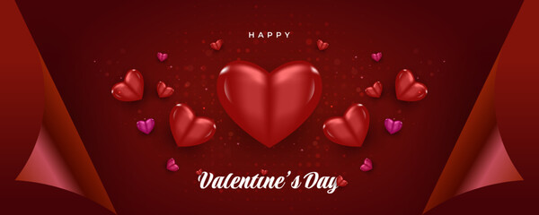 Valentine's Day Background with 3D Red and Pink Hearts and Wrapping Paper. Happy Valentine's Day Typography for Banner, Poster, Card, or Website