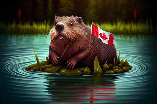 Cartoon beaver in a pond with the Canadian Flag; generative A1.