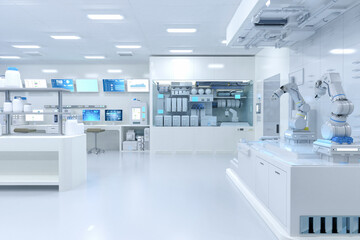 White futuristic digital laboratory interior in semiconductor manufacturing factory