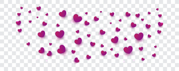 Cute Purple Hearts Scattered on Transparent Background. Valentine's Day Decoration Elements