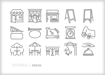 Set of store line icons of small businesses on main street such as cafes, restaurants, and souvenir shops