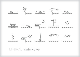 Set of swimming and diving line icons for sport, practice and competition