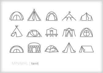 Set of tent line icons for camping and recreation in nature