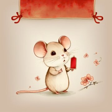 cute mouse holding a red envelop - Chinese brush painting (generative AI)