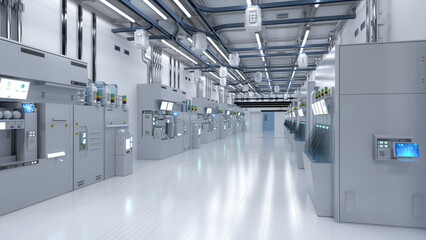 White futuristic semiconductor manufacturing factory or laboratory interior with machine and computer screen