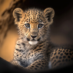 Fototapeta premium African savanna safari wild animal baby tiger close up, Generative AI