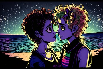 Couple LGBT on the beach, love and happy valentine day, lesbian love. generative ai
