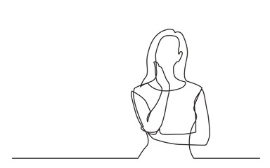 continuous line drawing vector illustration with FULLY EDITABLE STROKE of worried woman thinking