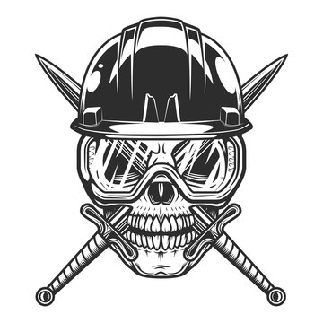 New construction and remodeling business house builder skull in hard hat with sword and safety glasses from vintage style illustration