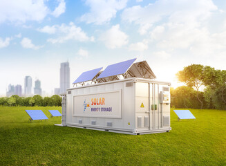 Energy storage system or battery container unit with solar power © phonlamaiphoto