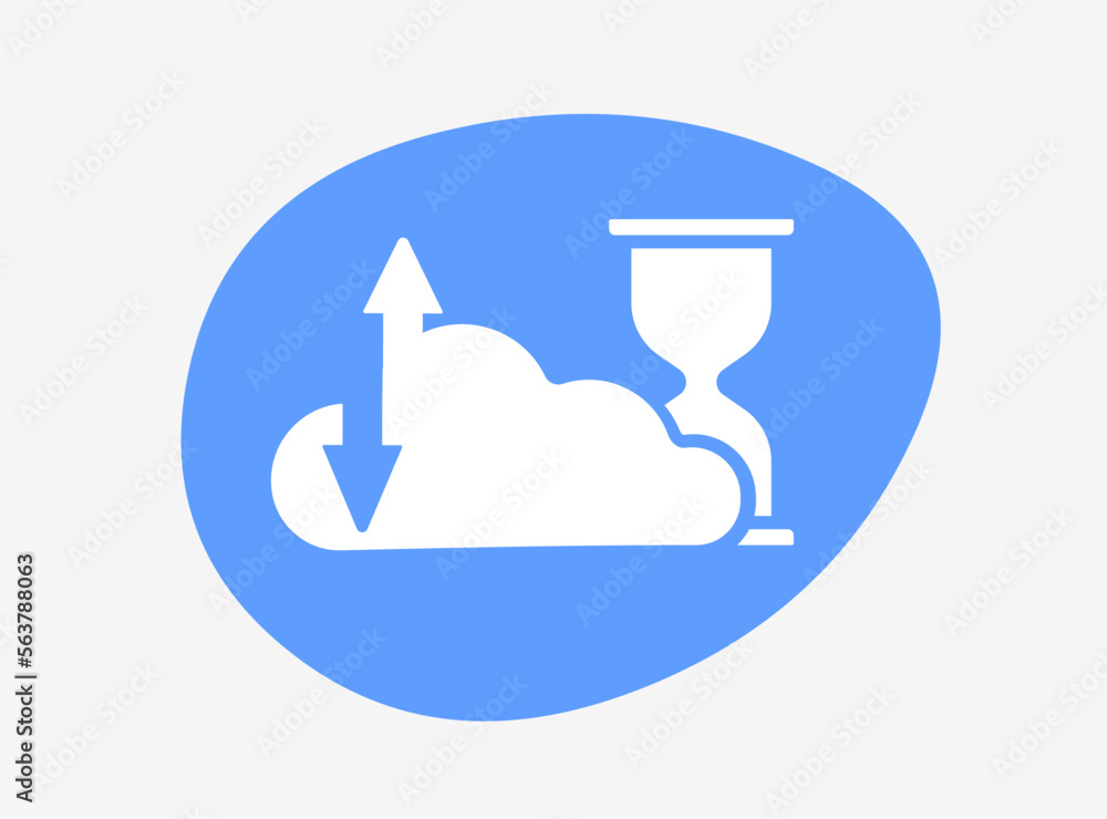 Poster vector icon of cloud storage with up and down arrows and hourglass, emphasizing time and efficiency 