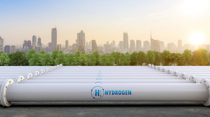 Metal pipeline with green field and blue sky background