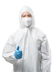 Worker wears medical protective suit or white coverall suit thumb up isolated on white