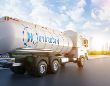 Logistic hydrogen tank on semi trailer truck out for deliver
