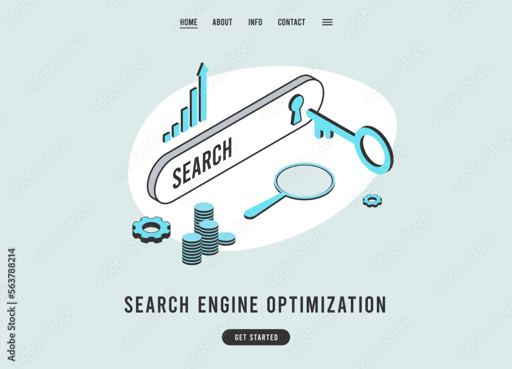 Poster search engine optimization website landing page template illustration. design with imagery of search